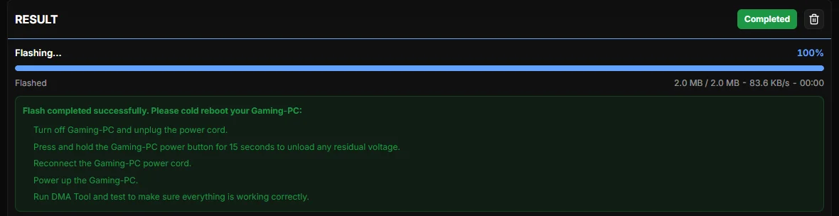 DMA Tool - Flash completed with the cold reboot checklist