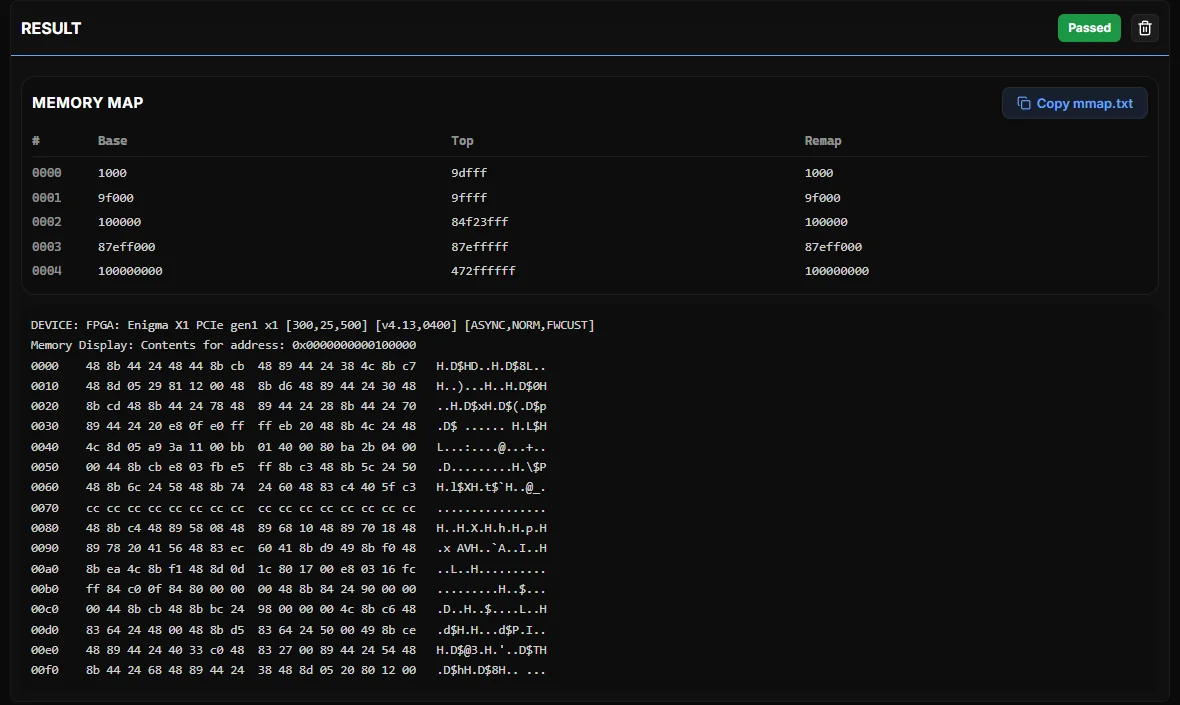 DMA Tool - Connectivity test Passed with memory map