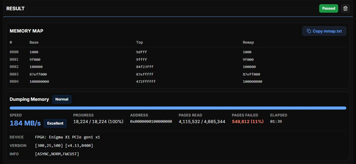 DMA Tool - Speed test Passed with 184 MB/s Excellent
